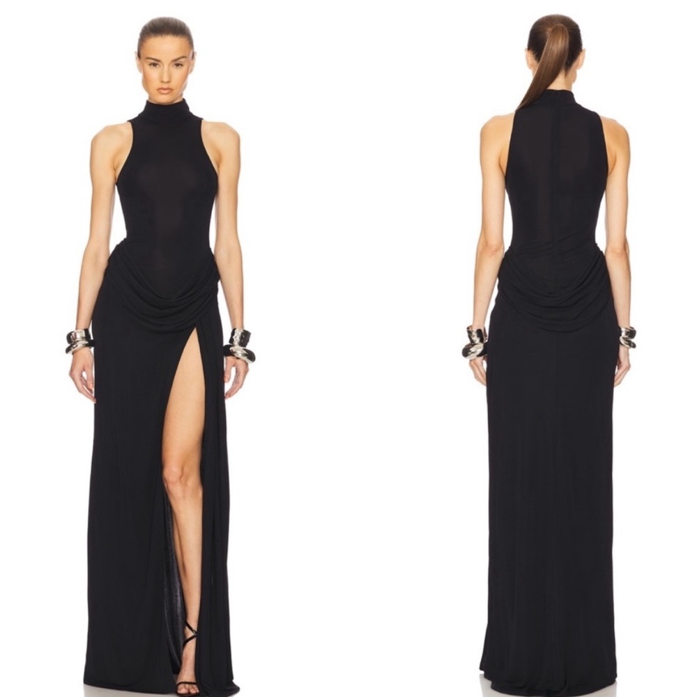 High-Slit Black Maxi Dress with Mock Neck - Picture 2 of 6